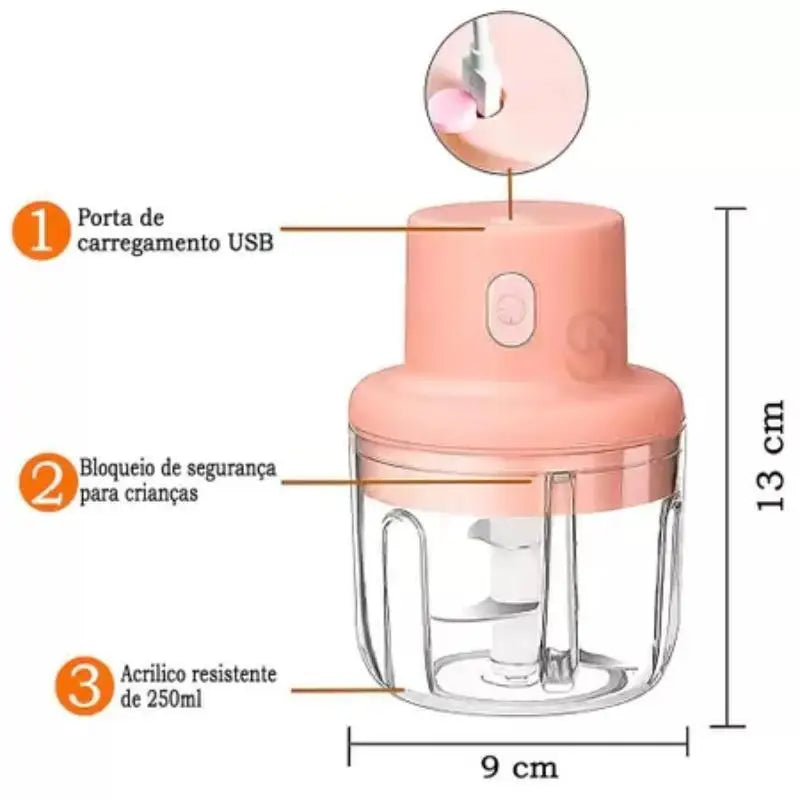 Mini Processador de Alimentos Elétrico 250ml – Trituração Rápida e Sem Esforço