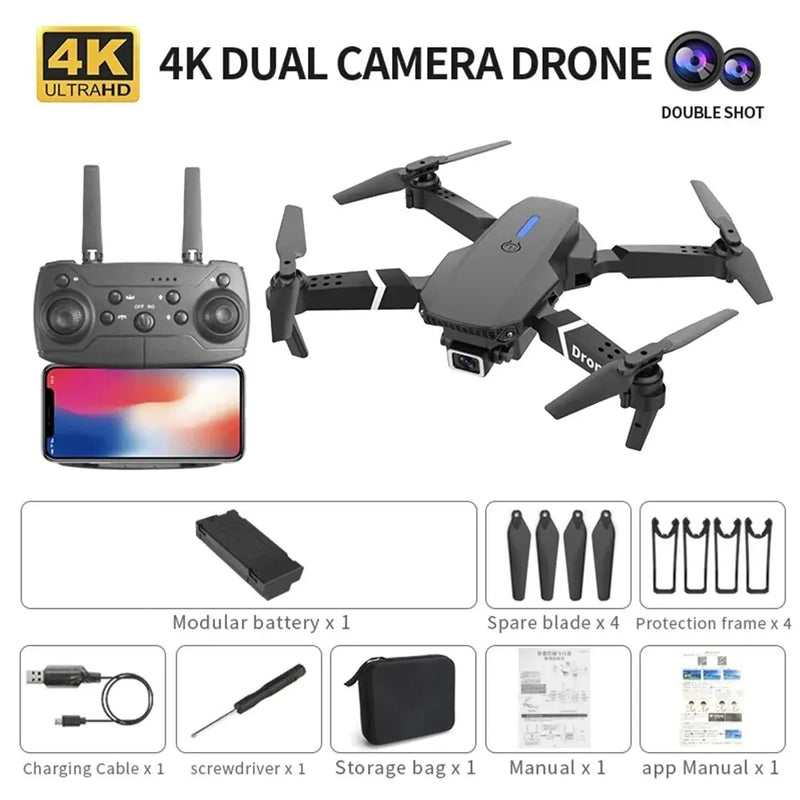 Drone E88 4K com Câmera Dupla Wi-Fi FPV, Controle Remoto, Altitude Segura e Design Dobrável